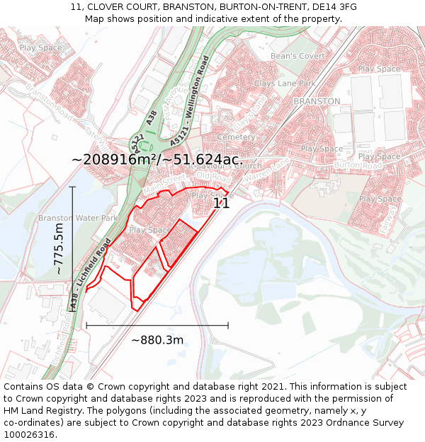 11, CLOVER COURT, BRANSTON, BURTON-ON-TRENT, DE14 3FG: Plot and title map