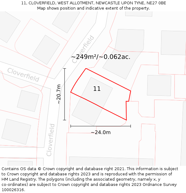 11, CLOVERFIELD, WEST ALLOTMENT, NEWCASTLE UPON TYNE, NE27 0BE: Plot and title map