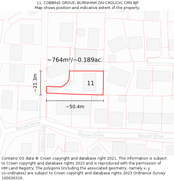 11, COBBINS GROVE, BURNHAM-ON-CROUCH, CM0 8JP: Plot and title map