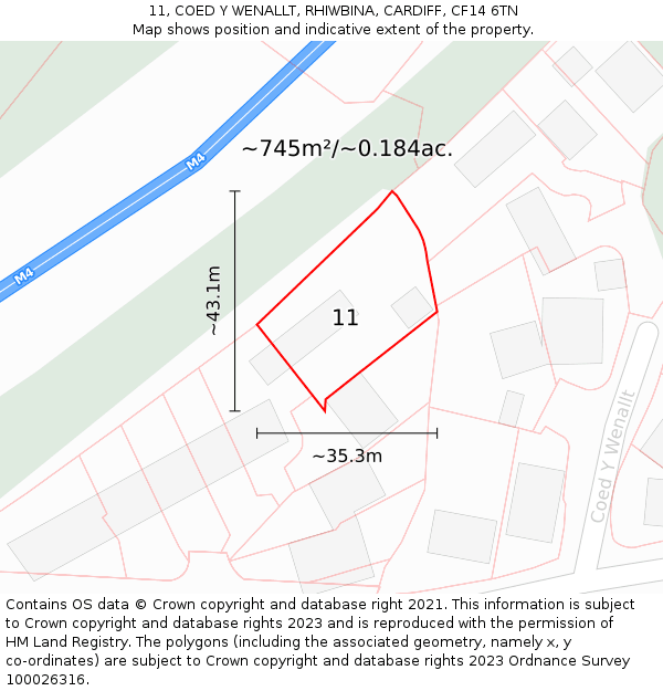 11, COED Y WENALLT, RHIWBINA, CARDIFF, CF14 6TN: Plot and title map