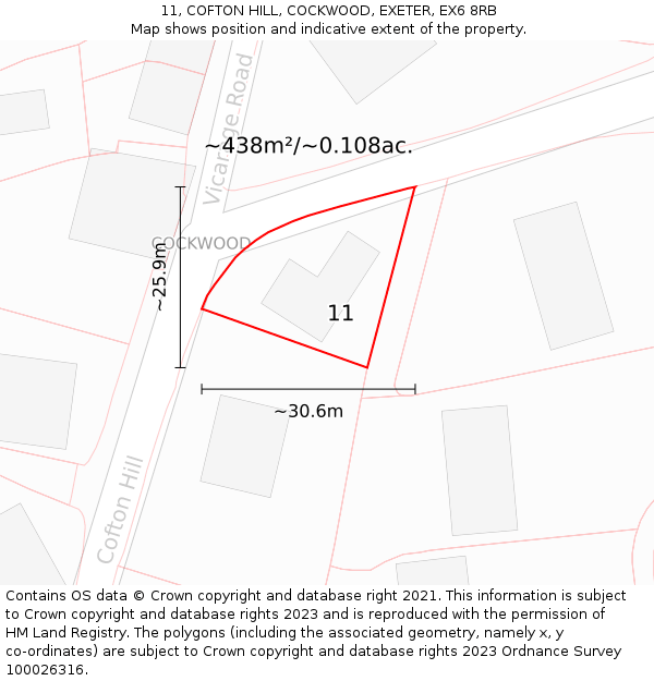 11, COFTON HILL, COCKWOOD, EXETER, EX6 8RB: Plot and title map