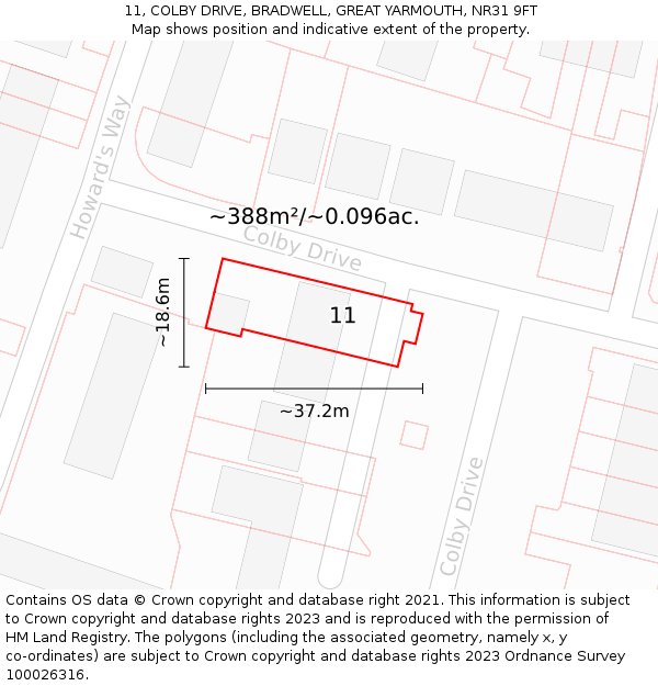 11, COLBY DRIVE, BRADWELL, GREAT YARMOUTH, NR31 9FT: Plot and title map