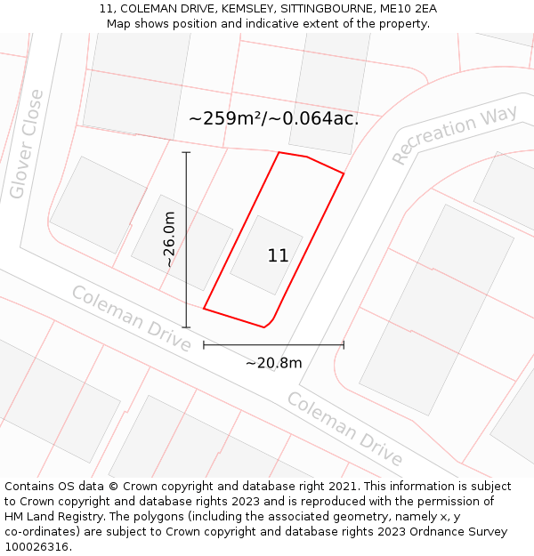 11, COLEMAN DRIVE, KEMSLEY, SITTINGBOURNE, ME10 2EA: Plot and title map