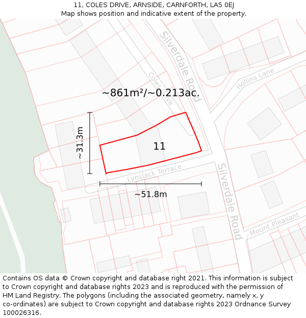 11, COLES DRIVE, ARNSIDE, CARNFORTH, LA5 0EJ: Plot and title map