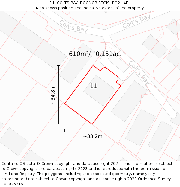 11, COLTS BAY, BOGNOR REGIS, PO21 4EH: Plot and title map