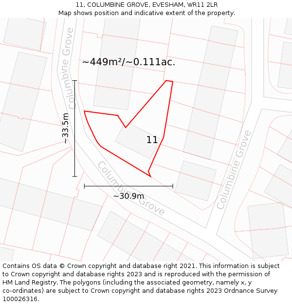 11, COLUMBINE GROVE, EVESHAM, WR11 2LR: Plot and title map