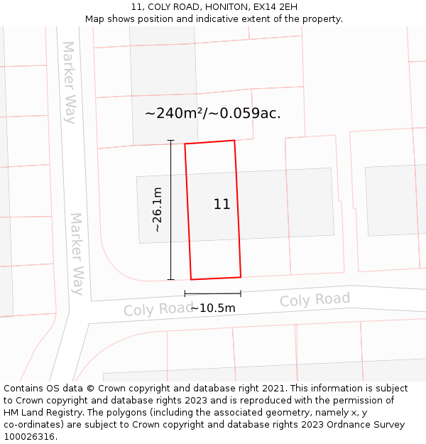 11, COLY ROAD, HONITON, EX14 2EH: Plot and title map