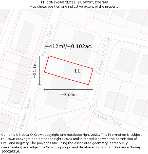 11, CONEYGAR CLOSE, BRIDPORT, DT6 3AR: Plot and title map