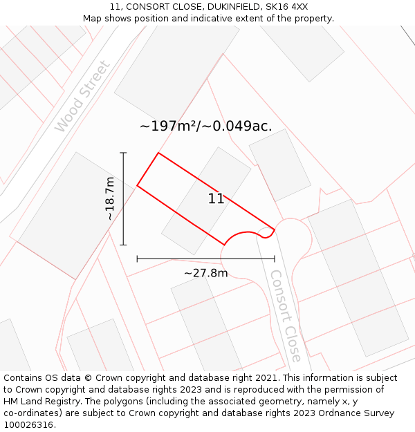 11, CONSORT CLOSE, DUKINFIELD, SK16 4XX: Plot and title map