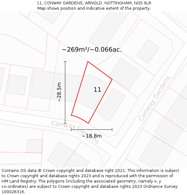 11, CONWAY GARDENS, ARNOLD, NOTTINGHAM, NG5 6LR: Plot and title map