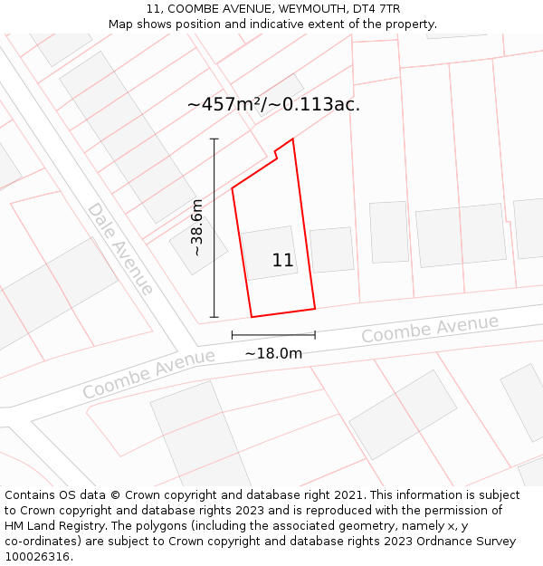 11, COOMBE AVENUE, WEYMOUTH, DT4 7TR: Plot and title map