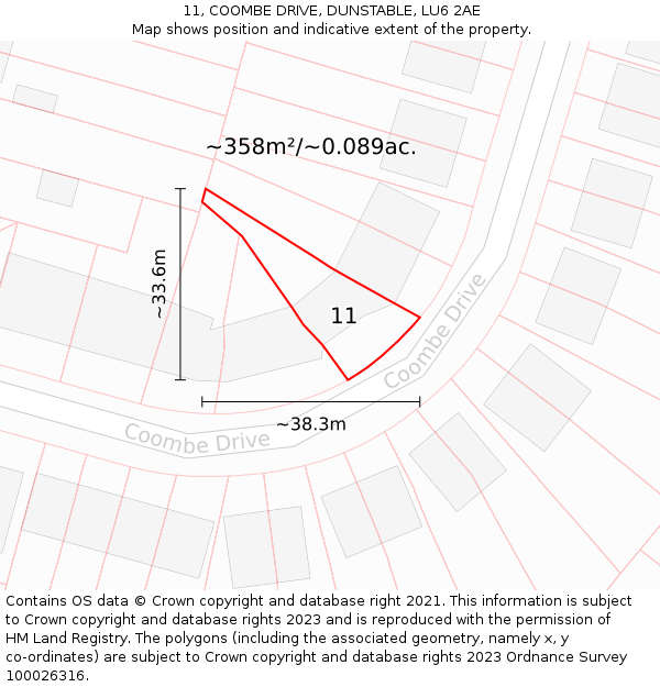 11, COOMBE DRIVE, DUNSTABLE, LU6 2AE: Plot and title map