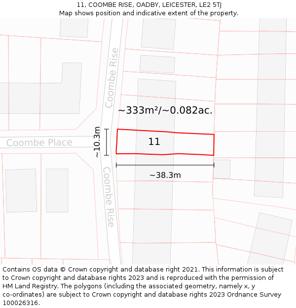 11, COOMBE RISE, OADBY, LEICESTER, LE2 5TJ: Plot and title map