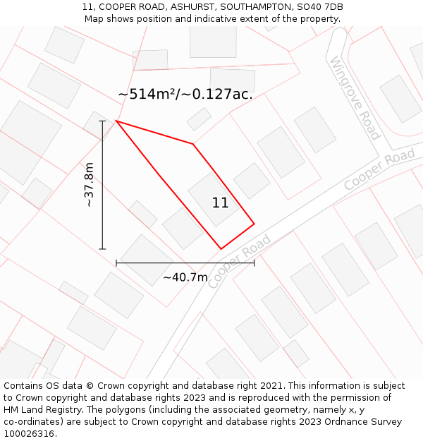 11, COOPER ROAD, ASHURST, SOUTHAMPTON, SO40 7DB: Plot and title map