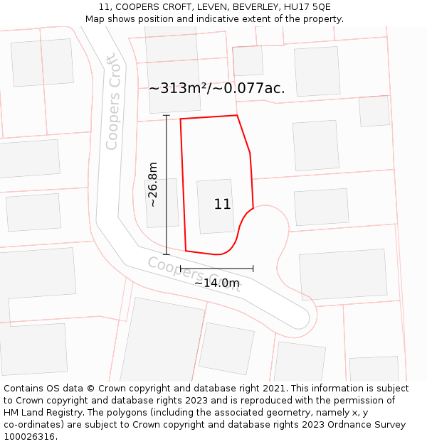 11, COOPERS CROFT, LEVEN, BEVERLEY, HU17 5QE: Plot and title map