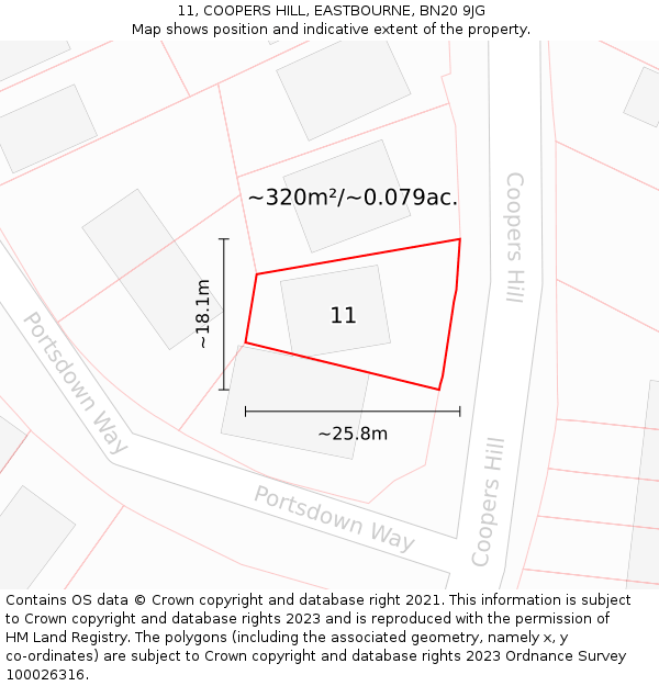 11, COOPERS HILL, EASTBOURNE, BN20 9JG: Plot and title map