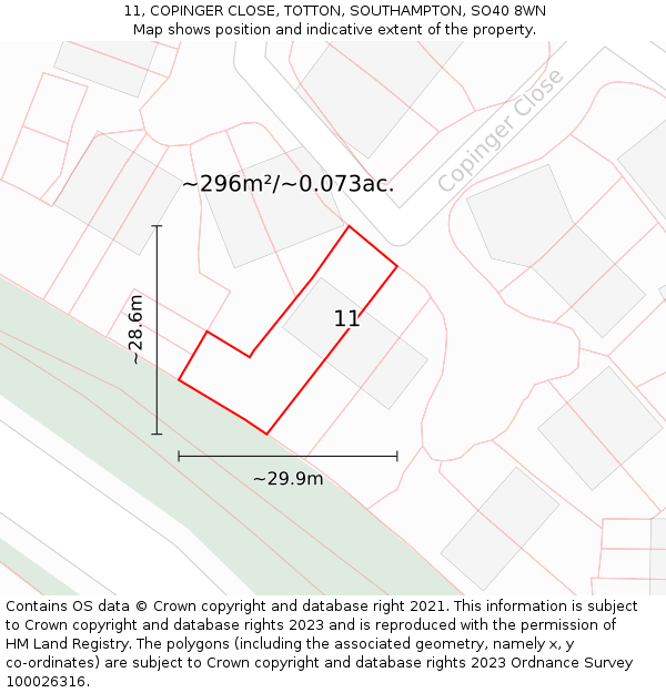 11, COPINGER CLOSE, TOTTON, SOUTHAMPTON, SO40 8WN: Plot and title map