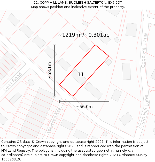 11, COPP HILL LANE, BUDLEIGH SALTERTON, EX9 6DT: Plot and title map