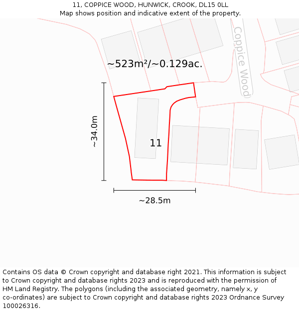 11, COPPICE WOOD, HUNWICK, CROOK, DL15 0LL: Plot and title map