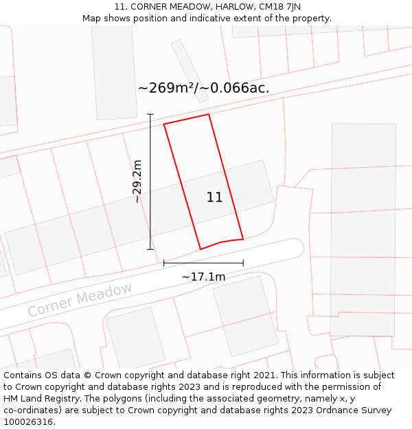 11, CORNER MEADOW, HARLOW, CM18 7JN: Plot and title map