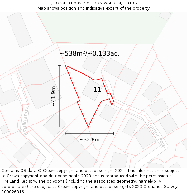 11, CORNER PARK, SAFFRON WALDEN, CB10 2EF: Plot and title map