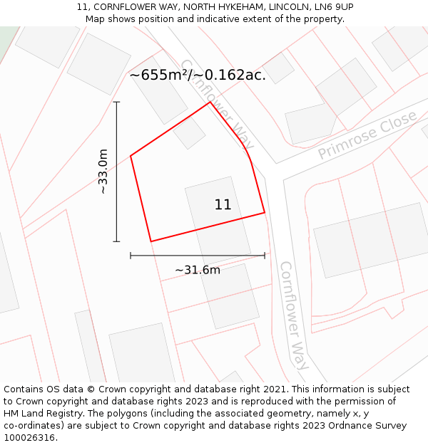 11, CORNFLOWER WAY, NORTH HYKEHAM, LINCOLN, LN6 9UP: Plot and title map