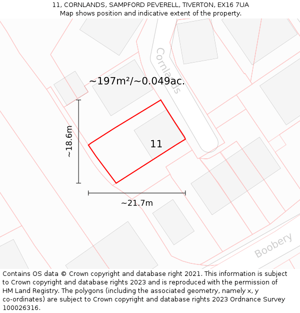 11, CORNLANDS, SAMPFORD PEVERELL, TIVERTON, EX16 7UA: Plot and title map