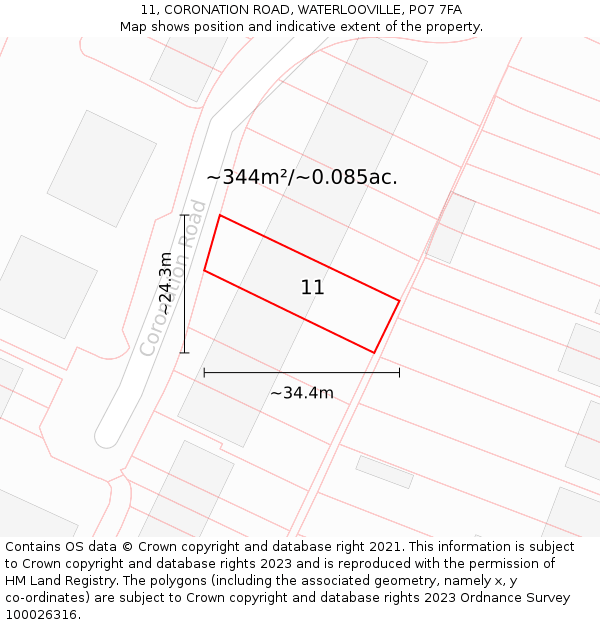 11, CORONATION ROAD, WATERLOOVILLE, PO7 7FA: Plot and title map