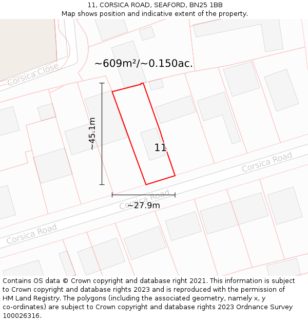 11, CORSICA ROAD, SEAFORD, BN25 1BB: Plot and title map