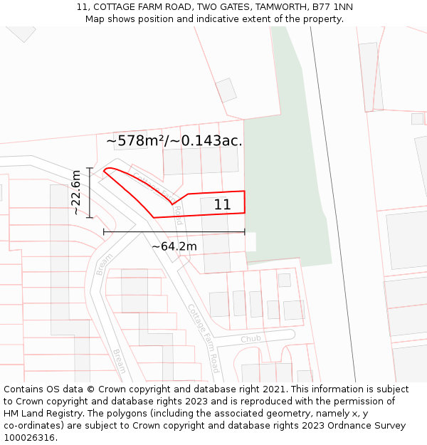 11, COTTAGE FARM ROAD, TWO GATES, TAMWORTH, B77 1NN: Plot and title map