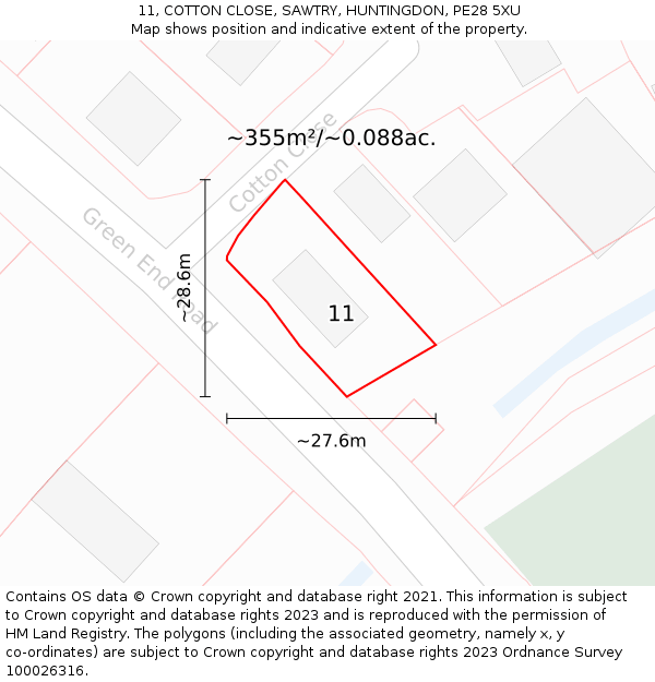 11, COTTON CLOSE, SAWTRY, HUNTINGDON, PE28 5XU: Plot and title map