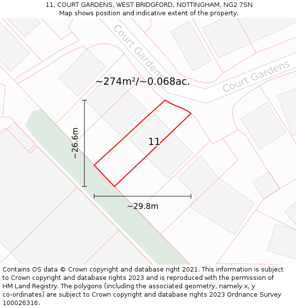 11, COURT GARDENS, WEST BRIDGFORD, NOTTINGHAM, NG2 7SN: Plot and title map