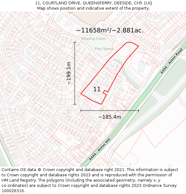 11, COURTLAND DRIVE, QUEENSFERRY, DEESIDE, CH5 1UQ: Plot and title map