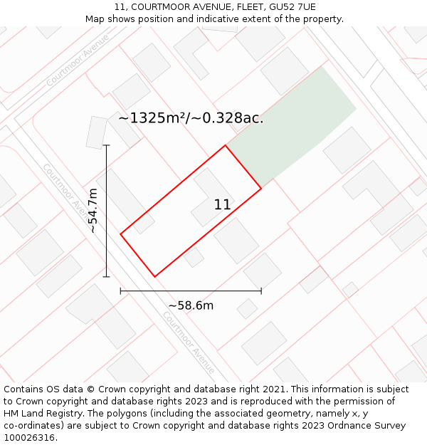 11, COURTMOOR AVENUE, FLEET, GU52 7UE: Plot and title map