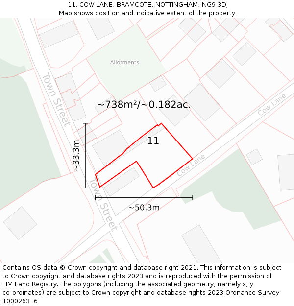 11, COW LANE, BRAMCOTE, NOTTINGHAM, NG9 3DJ: Plot and title map