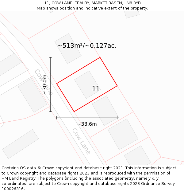 11, COW LANE, TEALBY, MARKET RASEN, LN8 3YB: Plot and title map