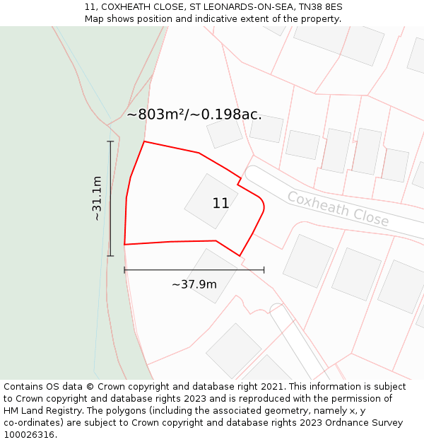 11, COXHEATH CLOSE, ST LEONARDS-ON-SEA, TN38 8ES: Plot and title map