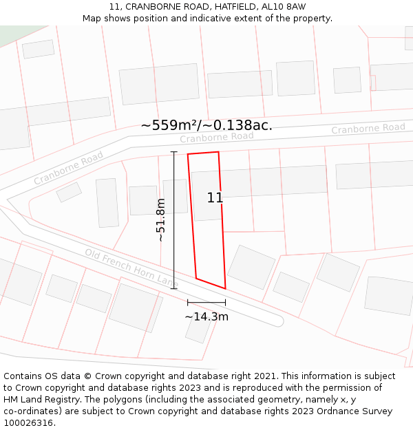 11, CRANBORNE ROAD, HATFIELD, AL10 8AW: Plot and title map