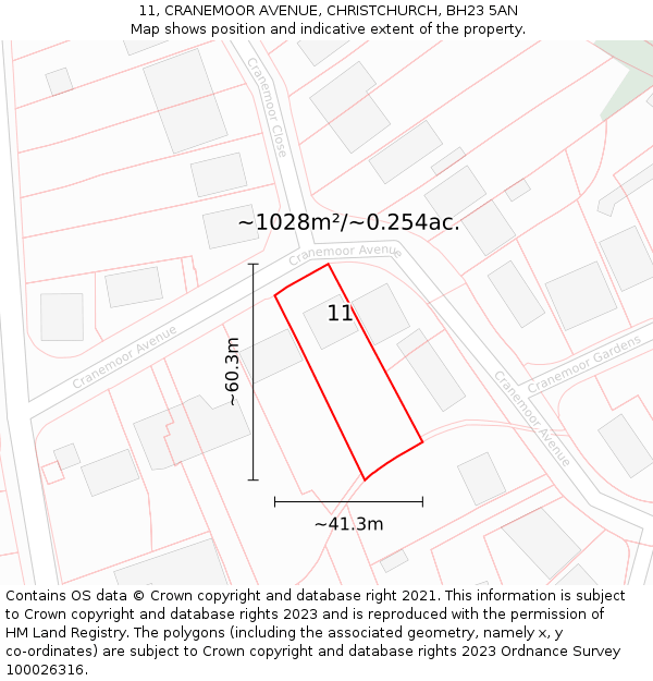 11, CRANEMOOR AVENUE, CHRISTCHURCH, BH23 5AN: Plot and title map