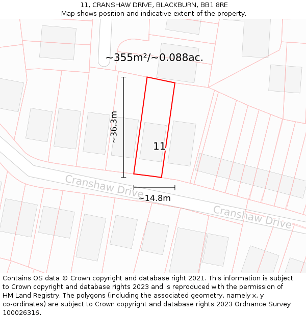 11, CRANSHAW DRIVE, BLACKBURN, BB1 8RE: Plot and title map