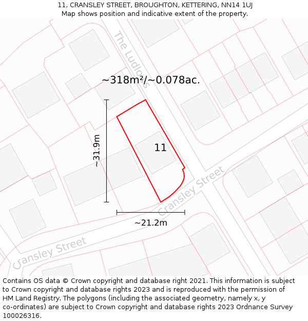 11, CRANSLEY STREET, BROUGHTON, KETTERING, NN14 1UJ: Plot and title map