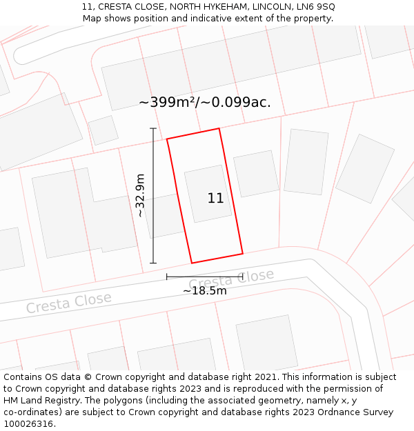 11, CRESTA CLOSE, NORTH HYKEHAM, LINCOLN, LN6 9SQ: Plot and title map