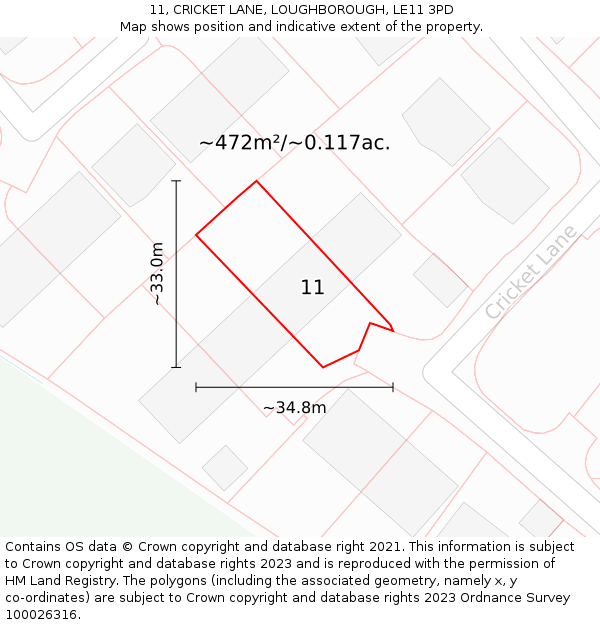 11, CRICKET LANE, LOUGHBOROUGH, LE11 3PD: Plot and title map