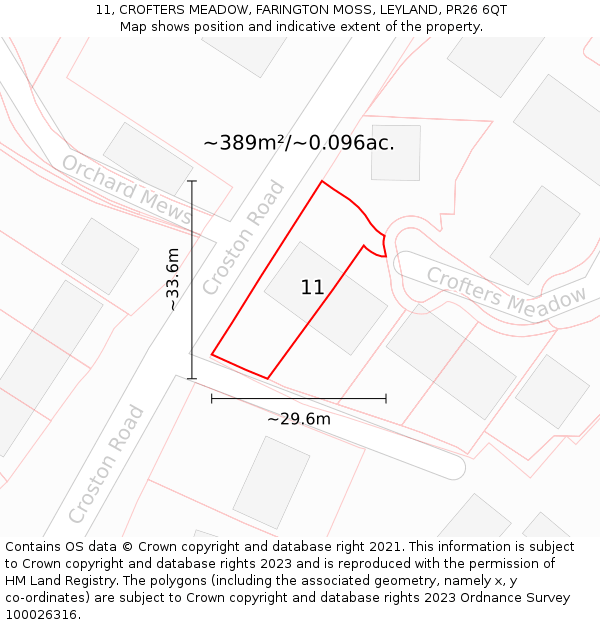 11, CROFTERS MEADOW, FARINGTON MOSS, LEYLAND, PR26 6QT: Plot and title map