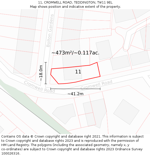 11, CROMWELL ROAD, TEDDINGTON, TW11 9EL: Plot and title map