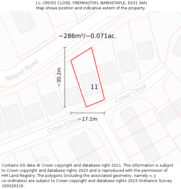 11, CROSS CLOSE, FREMINGTON, BARNSTAPLE, EX31 3AN: Plot and title map