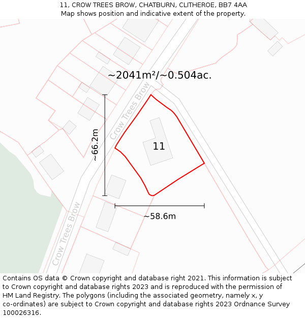 11, CROW TREES BROW, CHATBURN, CLITHEROE, BB7 4AA: Plot and title map