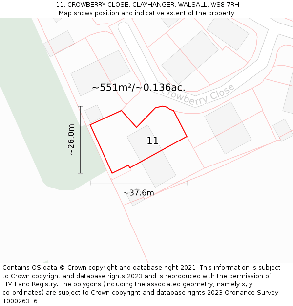 11, CROWBERRY CLOSE, CLAYHANGER, WALSALL, WS8 7RH: Plot and title map