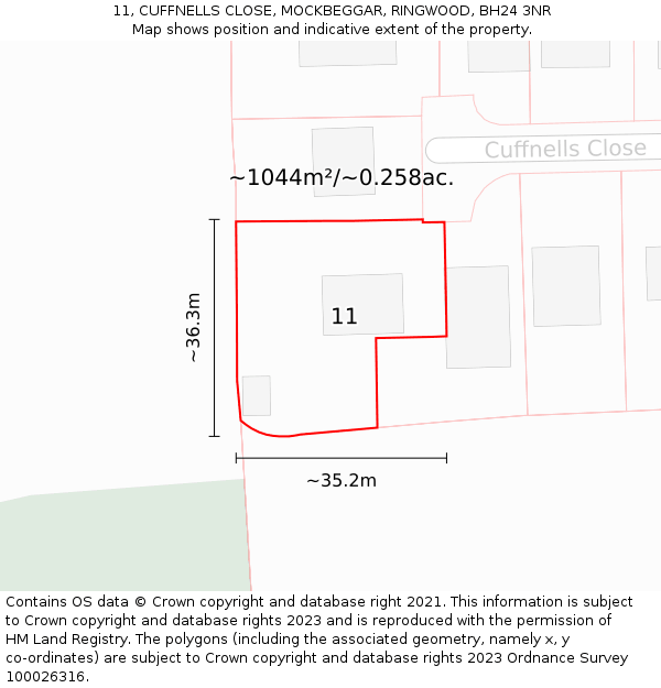 11, CUFFNELLS CLOSE, MOCKBEGGAR, RINGWOOD, BH24 3NR: Plot and title map