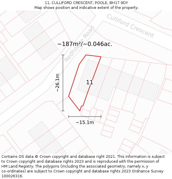 11, CULLIFORD CRESCENT, POOLE, BH17 9DY: Plot and title map